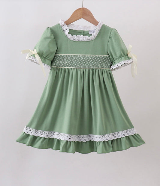 Green smocked girls dress