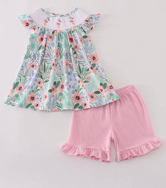 Smocked girls flamingo set