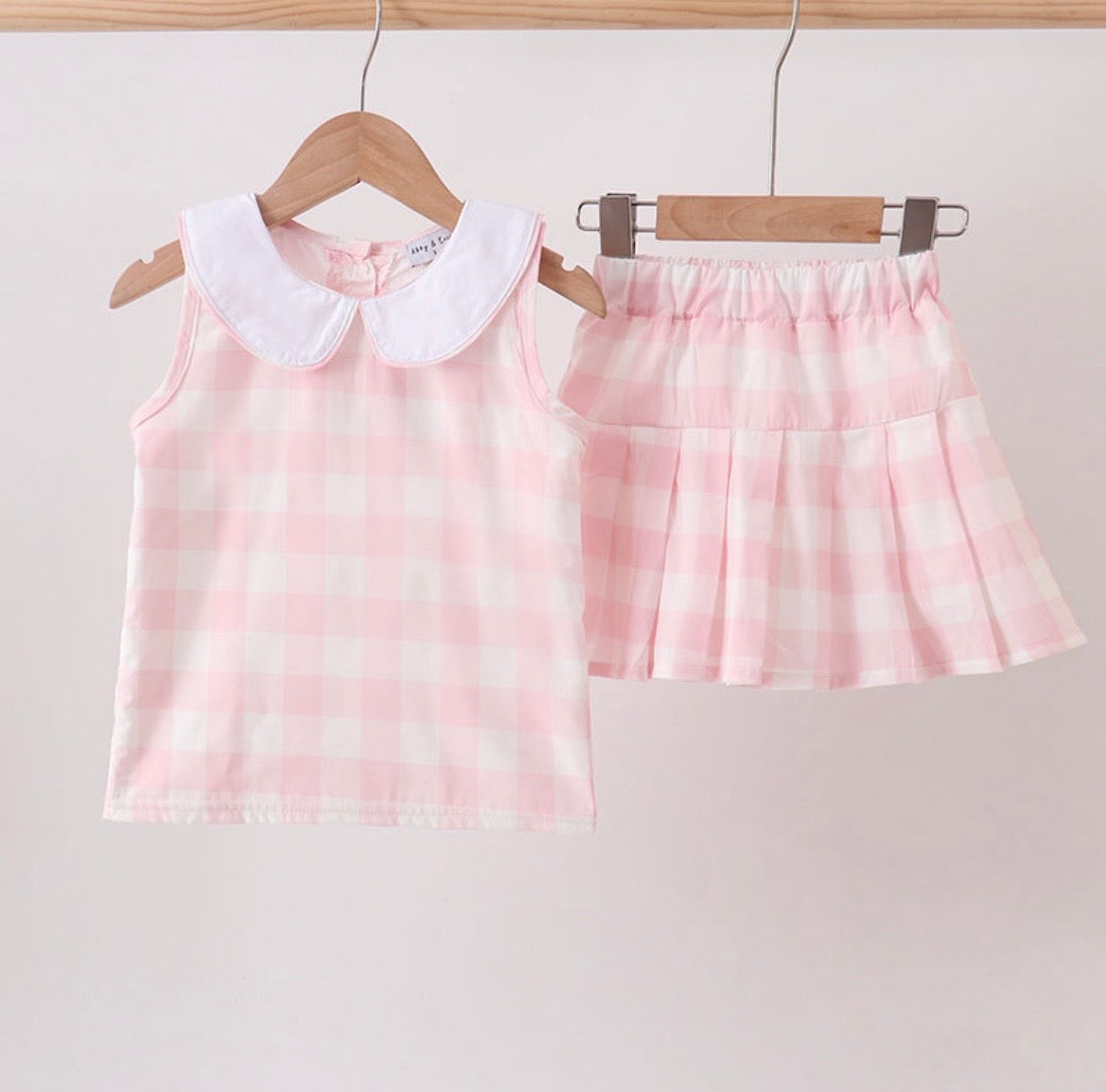 Girls pink gingham skirt set