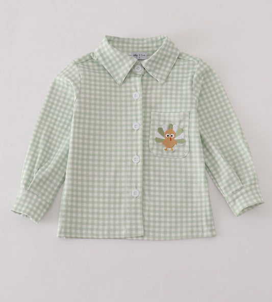 Boys sage gingham turkey button up