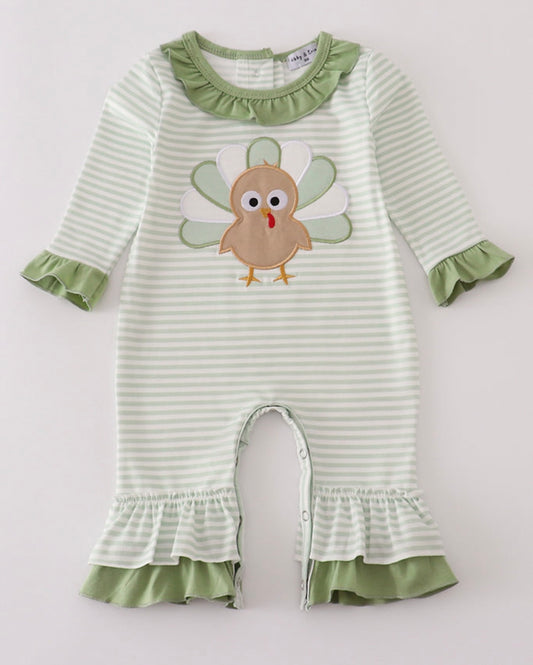 Girls green gingham turkey romper