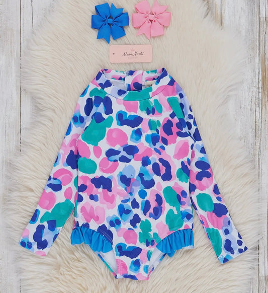 Leopard watercolor rashguard swimsuit